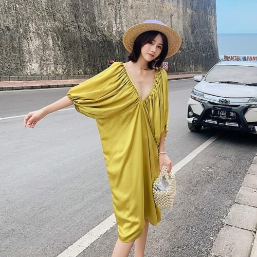 Summer Bali Thailand Holiday Beach Skirt Loose Satin V-neck Unbacked Long Skirt Seaside Slim Dress Gold High Waist Dress