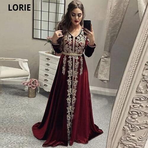 LORIE Burgundy Moroccan kaftan Evening Dresses Lace Appliques Prom Party Wear Formal Gowns Long Sleeve Caftan Dress 2020 New