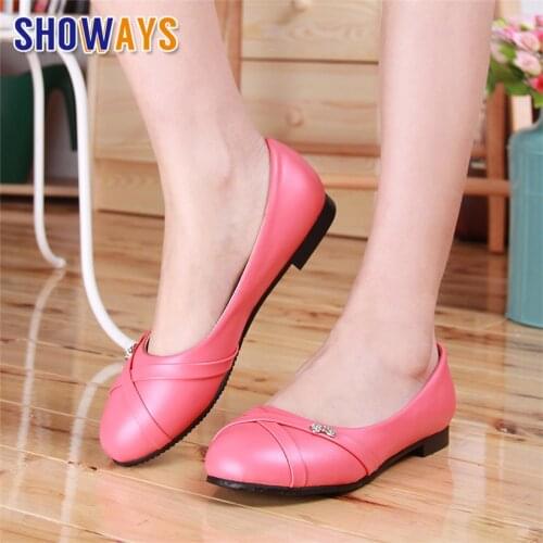 Big Size Sweet Women Flats Pink PU Round Toe Low Square Heel Ballets Red Rhinestone Bowtie Casual Office Slip-on Lady Boat Shoes