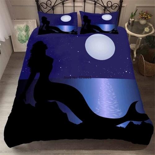 Mystical Moon Night Bedspread Mermaid Silhouette Bedding Skin-friendly Duvet Cover Girls Double King Bed Sets Room Dorm Decor