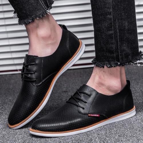 Mens Casual Shoes Fashion Round Toe Leather Shoes Business Casual Shoes White Black Leather Lace Up Shoes Plus Size 44