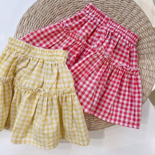 2021 New Spring Children Girls Skirt Plaid Red Yellow Ruffled Summer Toddler Kids Korean Cotton Japan Fashion Clothing
