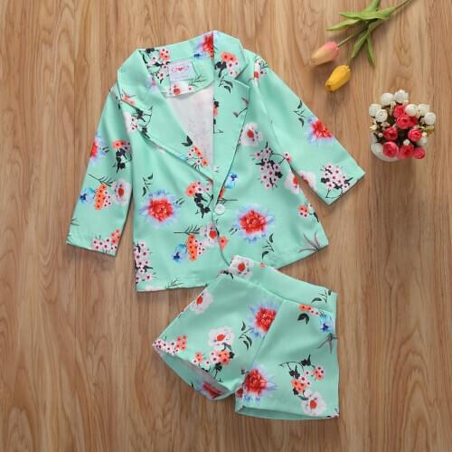 1-5Y Girls Floral Coat + Shorts Two-piece Suit Kid Suit Girl Clothes Sets Kids Clothes Sets