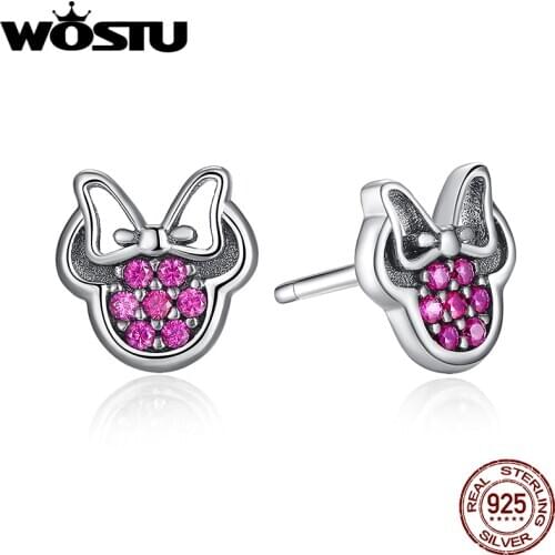 Real 925 Sterling Silver Sparkling Minnie Stud Earrings CZ For Women Compatible With Original WST Jewelry Gift ZBBS414