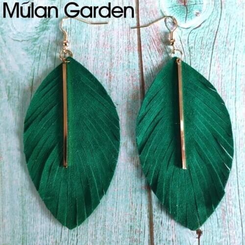 Boho Sheepskin Leather Earrings for Women Metal Bar Pendant Tassel Leaf Feather Shape Leather Earrings Drop Shipping