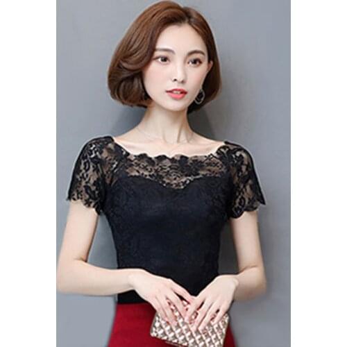 Womens Spring Summer Style Blouses Shirt Womens Lace O-neck Solid Color Short Sleeve Elegant Korean Slim Tops DD8540