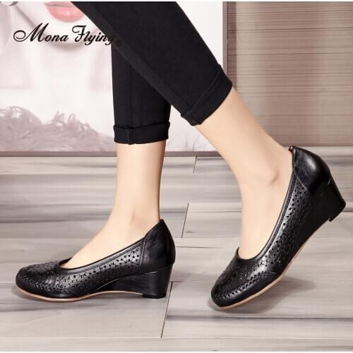 Mona Flying Women‘s Genuine Leather Wedge Dress Pumps Round-Toe Designer Embossed High Heel Shoes for 2020 New Ladies 078-G2