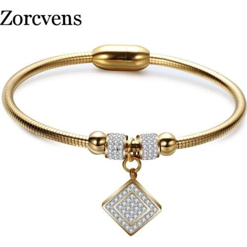 Modyle Gold Color Stainless Steel Bangles for Woman Cubic Zirconia Square Pendant Charm Bracelets Bangles