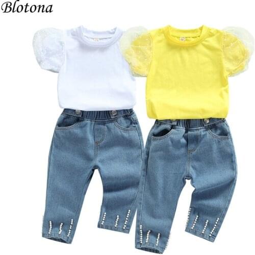 Blotona 2Pcs Kids Summer Outfits, Baby Girls Polka Dot Mesh Puff Sleeve Round Neck T-shirt + Beaded Jeans with Pockets,1-6Years