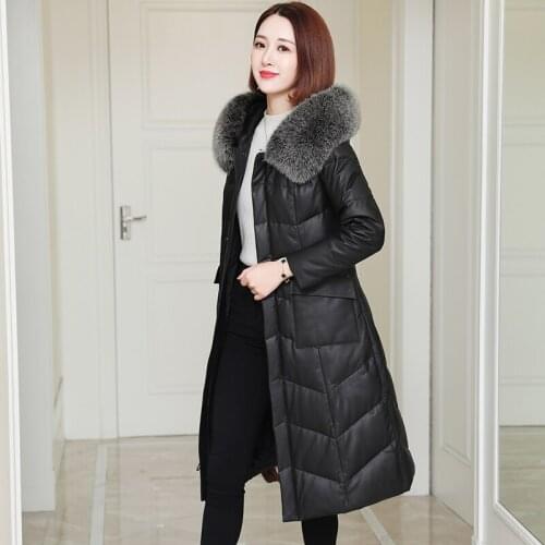 2020, genuine leather, jacket, female, long, Winter, sheepskin, fox fur collar, hooded, luxury, leather jackets for