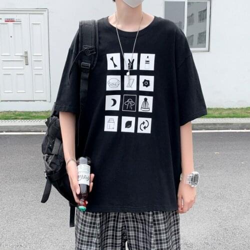 2021NEW Summer Men Cartoon Printing Casual T-Shirt Student Simple Style Five-Point Sleeve Round Collar Top Loose Plus Size XXXL
