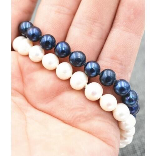 2Row 7-8mm Black / White Akoya Cultured pearl bracelet 7.5" +14K GP Clasp AA