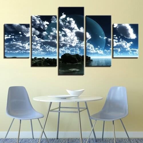 HD Prints Art Framework Room Home Decor 5 Pieces Moon In The Clouds Seascape Canvas Paintings Green Islands Poster