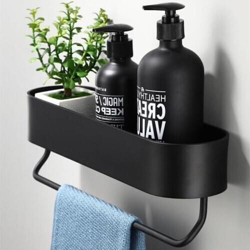 Black Silver Bathroom Shelf Lengh Kitchen Wall Shelves Shower Basket Storage Rack Towel Bar Robe Hooks Bathroom Accessories