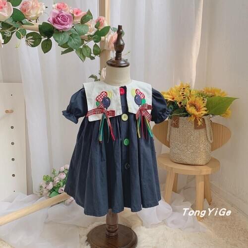 Baby Girl Autumn Spring Summer Long Sleeve Navyblue Balloon Embroidery Vintage Princess Dress for Girls England Cotton Dress