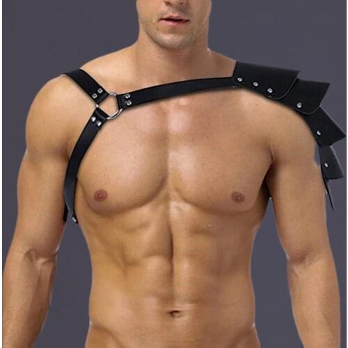Men Bondage Lingerie Gay Male Harness One Strap Leather Adjustable Body Chest Harness Bondage Cosplay With Shoulder Armors
