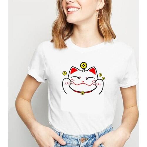 Kawaii Lucky Cat Print T Shirt Women Tops Funny Casual Tshirt Summer Short Sleeve Tee Shirt Femme Harajuku Shirt Camiseta Mujer