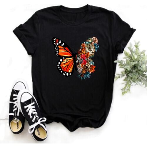 Mayos Butterfly Flower Printed T-shirt Ladies Summer Clothes Top Vogue O Neck Printed T-shirt
