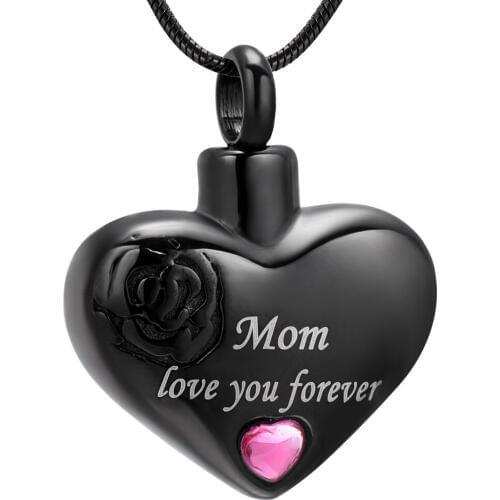 IJD10034 Black Heart Stainless Steel"Mom love you forever" Cremation Ashes Pendant Keepsake Memorial Necklace