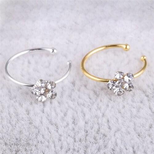 1Pc Stainless Steel Circular Nose Ring Circular Punk Small Thin Clear Rhinestone Flower Lip Ear Nose Clip