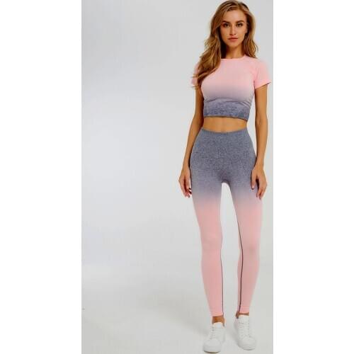 2PCS Ombre Energy Seamless Leggings Sport Pant With Gym Workout Clothes Short Sleeve Fitness Crop Tops Women Sport Suit Yoga Set
