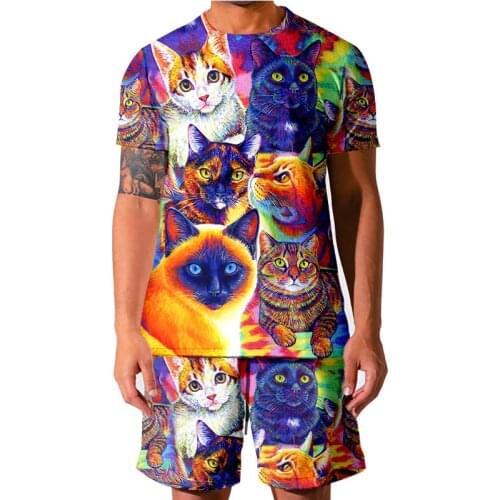 2021 Short Sleeve Mens Sets Animal Cat 3D Print Summer Casual Beach Wear Male Trend Tracksuit T-Shirt Shorts 2-Piece Set Outfit
