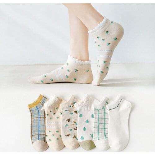 Spring And Summer Women Fashion Cotton Short Heel Boat Socks Cute Breathable Shallow Mouth Plaid Small Flowers 6 Pairs Female