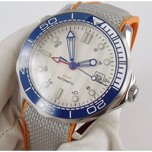 New White Sterile GMT Mechanical Men Watch Rubber Strap Screw Back Sapphire Crystal