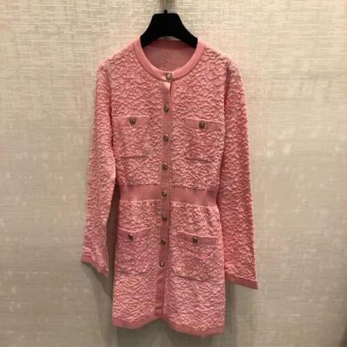 Fragrant New pink small wind knitting cardigan of cultivate morality waist temperament long sleeved dress