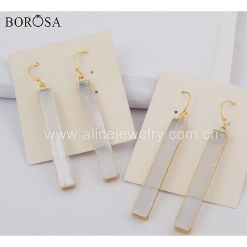 BOROSA Wholesale New Gold Plating Rectangle Transparent Selenite Drop Earrings Jewelry Elegant Lady Natural Gems as Gifts G1777