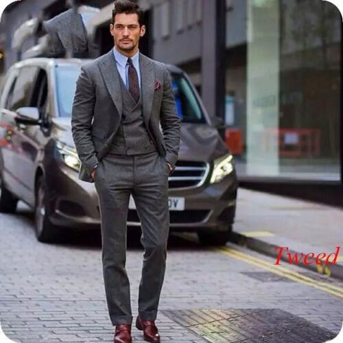 Latest Coat Pant Designs Grey Men Suits Tweed Peaked Lapel Double Breasted Vest Smoking Jacket Male Blazers Terno Masculino
