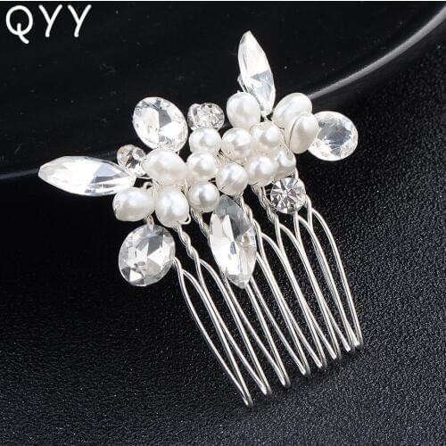 QYY Fashion Flower Rhinestone Pearls Hair Combs Clips Wedding Hair Accessories Jewelry Bridal Headpieces Hair Fork for Women