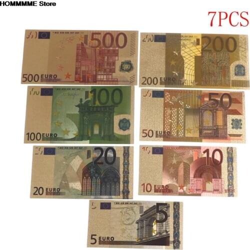 High Quality 7pcs 24K Gold Plated Euros Fake Money Commemorative notes Collection Souvenir Antique Plated Decoration 5-500Dollar