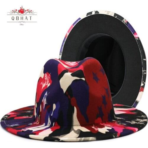 QBHAT Colorful Tie Dye Felt Jazz Hats Women Faux Wool Fedora Hat Wide Brim Panama Style Party Formal Chapeau Gambler Cap