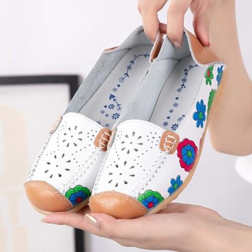 Spring Autumn Women Flats Split Leather Shoes Slip on Ballet Flats Women Flats Print Woman Shoes Moccasins Loafers Big size 44