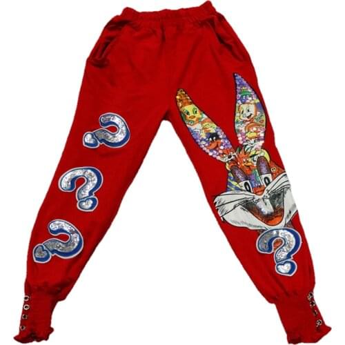 Women High Street Hollow Out Pants Hip Hop Design Cartoon Sequins Pants Elastic Waist Trousers