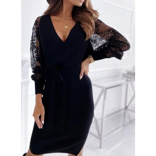 Women Summer Fashion Elegant Solid Lace Patchwork Lantern Sleeve Party Dress Vintage Sexy V-neck Midi Dress Vestidos