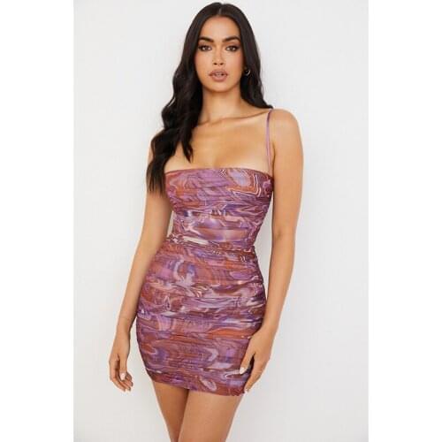 2021 Summer Sexy Spaghetti Strap Tie Dye Print Pleated Casual Bodycon Women Party Dress Vestidos Femme Robe Club Harajuku HD8488