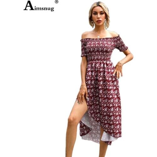 High Cut Women Raglan Sleeve A-line Dress 2021 Ladies Bohemian Flower Print Dress Slash neck Female Knee-Length Dresses