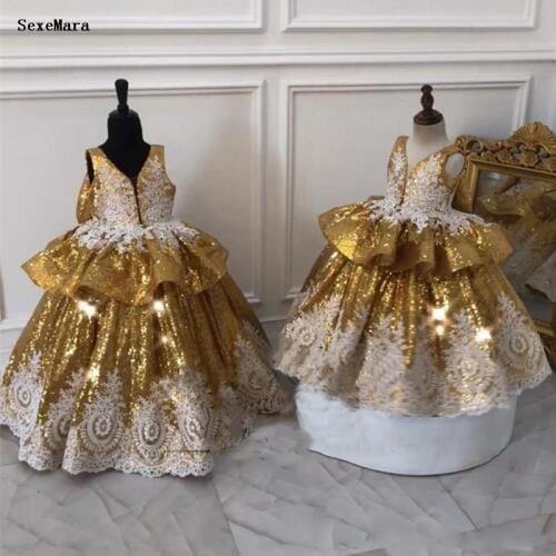 Gold Sequined Ball Gown Girls Pageant Dresses Vintage Lace Ruffles Bow Toddlers Kids Clothes Baby Girls Birthday Party Gown
