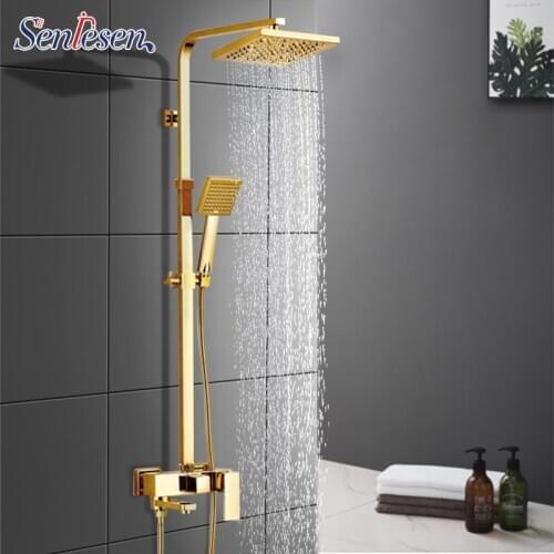 Luxury Gold Finish Wall Mounted 8" Rainfall Shower Head with Single Handle Bathroom Shower Faucet