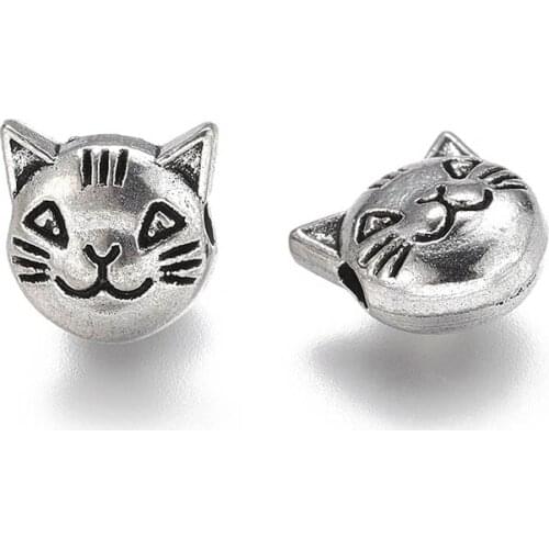 20pcs Tibetan Silver Cat Head Beads For Jewelry Making Big Hole Metal Bead Diy Handmade Retro Bracelets Findings Accessories