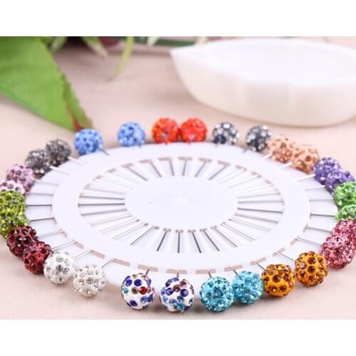 30Pcs Safety Pin Muslim Hijab Scarf Pin Rhinestone Ball Brooch Straight Head Pin