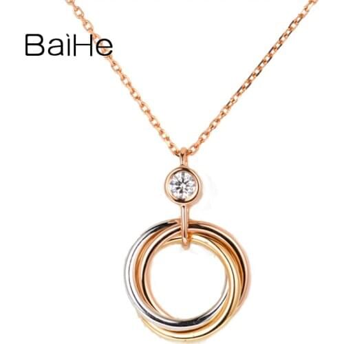 BAIHE Genuine Solid 18K White+Yellow+Rose Gold H/SI Natural Diamonds Necklaces Women Trendy Anniversary Gift Fine Jewelry