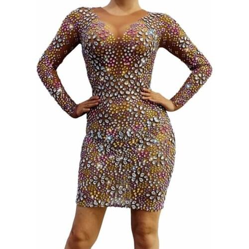 Sparkly Multi-color Rhinestones Transparent Mesh Short Dress Birthday Celebrate Party Sexy See Though Dress Singer Stage Wear