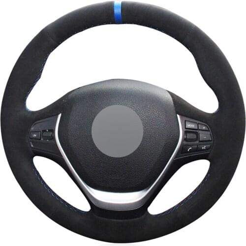 Black Suede Blue Marker Hand-stitched No-slip Car Steering Wheel Cover for BMW F20 F21 F22 F23 F30 F31 F34 F32 F33 F36