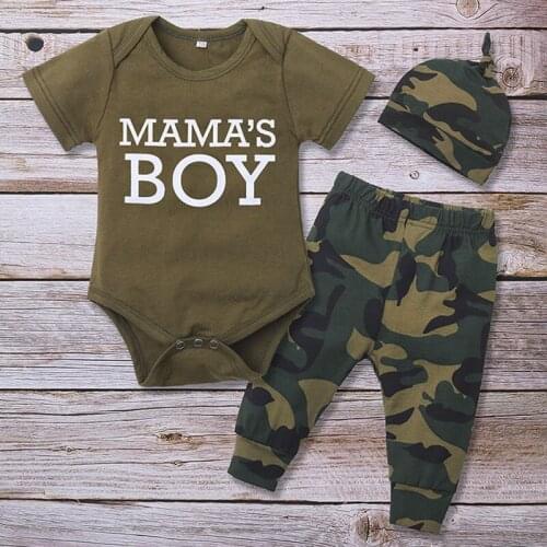 Baby clothes summer boys new short-sleeved bag fart clothes triangle romper + camouflage trousers baby three-piece suit