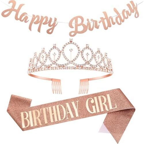 Birthday Girl Shoulder Strap Crown Banner 3pcs Set Happy Birthday Party Decor Kids Girls Cheer Birthday Girl Favors