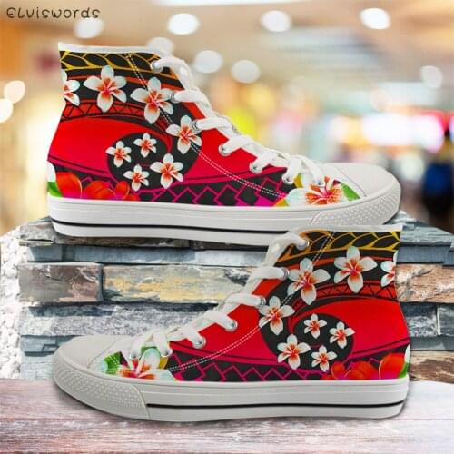 ELVISWORDS Polynesian Plumeria Gradient Pattern Comfort Ladies Vulcanized Shoes Fashion High Top Womens Lace Up Walking Shoes
