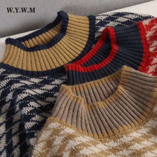 WYWM 2021 Classic Houndstooth Knitted Sweater Women Autumn Soft Basic Warm Cashmere Pullovers Mock Neck Loose Female Jumper